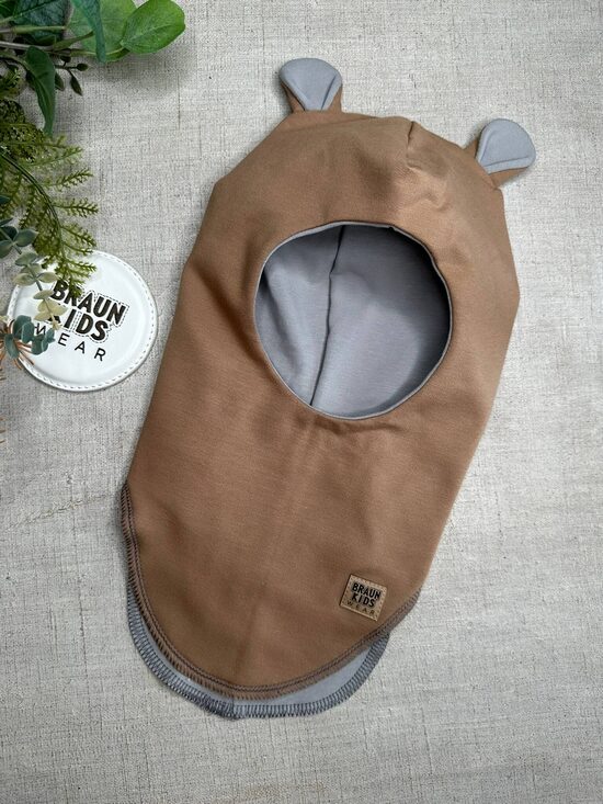 Starpsezonas ķivercepure ar lāča austiņām - Camel ar pelēku oderi